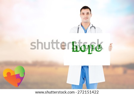 The word hope and portrait of a doctor holding a blank panel against countryside scene