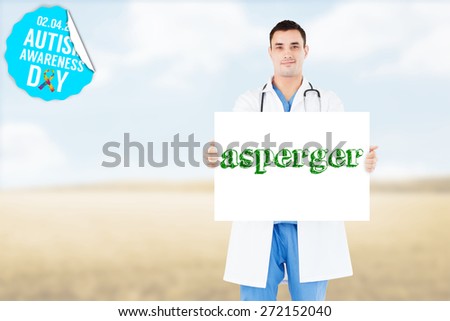 The word asperger and portrait of a doctor holding a blank panel against bright brown landscape