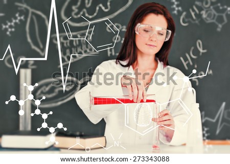Science and medical graphic against focused young scientist pouring a liquid in a gratuated cylindre