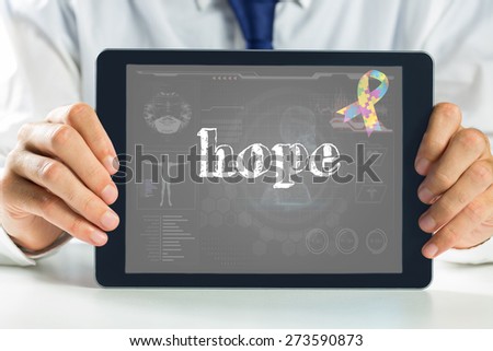 The word hope and autism awareness ribbon against medical biology interface in black