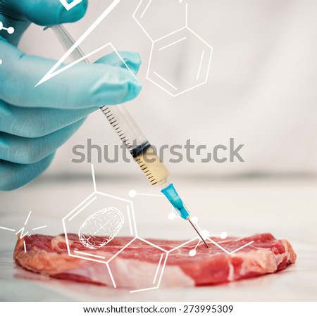 Science and medical graphic against close up of a gloved researchers hand injecting meat