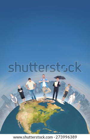 People standing on the world against stony path leading to large city on the horizon