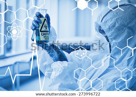 Science graphic against scientist in protective suit with hazardous chemical in flask at lab