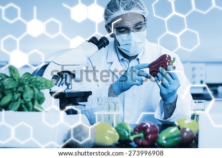 Science graphic against food scientist examining a pepper