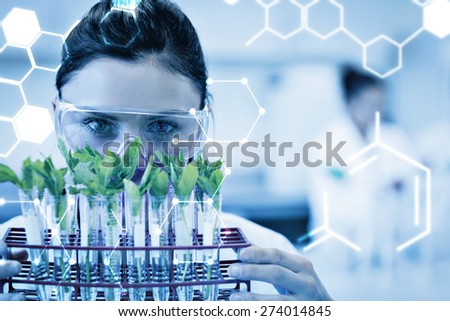 Science graphic against female scientist with young plants at lab