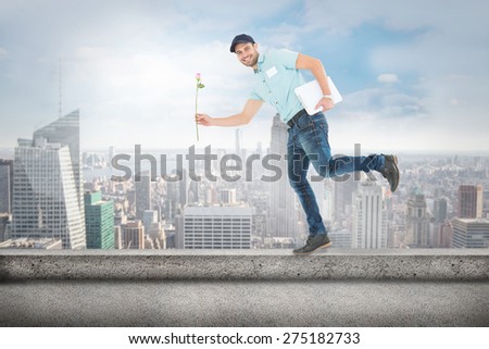 Flower delivery man running on white background against cityscape