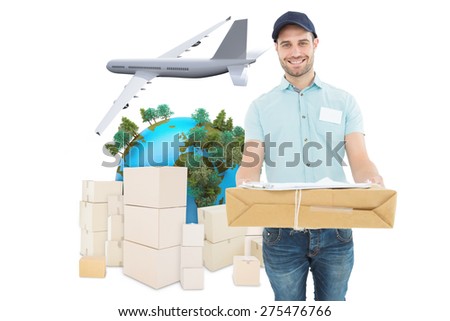 Handsome courier man with parcel against logistics concept