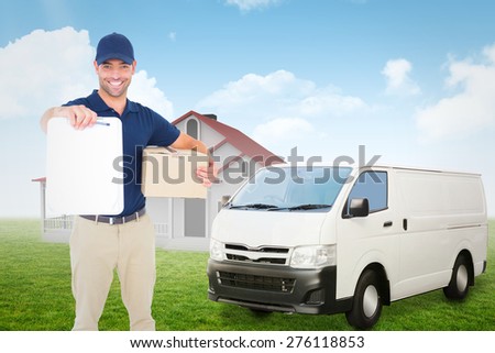 Delivery man with package giving clipboard for signature against blue sky