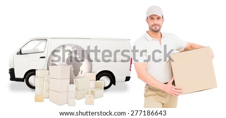 Delivery man carrying cardboard box against logistics graphic