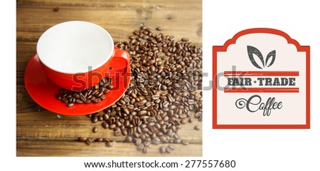 Fair Trade graphic against coffee beans and cup