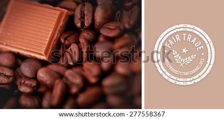 Fair Trade graphic against piece of chocolate and coffee seeds together