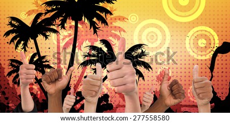 Hands showing thumbs up against digitally generated palm tree background