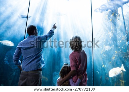 Father pointing a fish while the mother and the daughter looking at fish tank at the aquarium