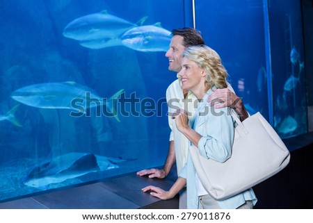 Happy couple looking at fish tank at the aquarium