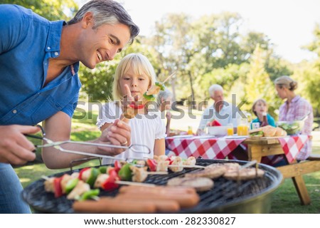Happy father doing barbecue with her daughter on a sunny day