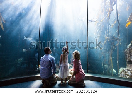Daughter pointing a fish while her mother and father looking at fish tank