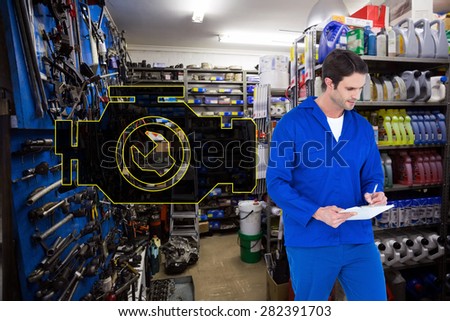 Mechanic writing notes over white background against full store room