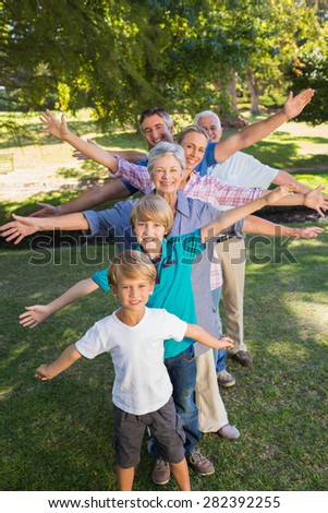 Happy family with arms outstretched in the park on a sunny day