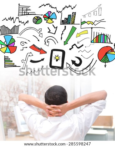 Businessman with hands behind head at desk against brainstorm graphic