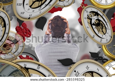 Businesswoman with hands on head against white background with vignette