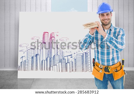Happy carpenter carrying wooden planks against composite image of white card