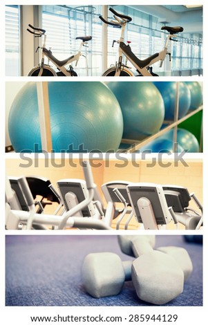 Spin bikes in fitness studio against exercise balls on rack in studio
