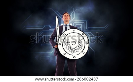 Corporate warrior against circuit board graphic