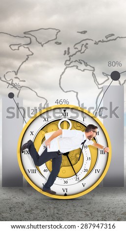 Geeky young businessman running late against global statistic on sky background