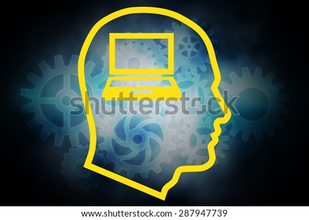 Laptop in head against cogs and wheels graphic