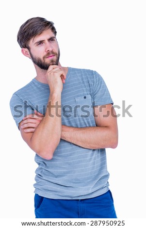 Handsome man thinking with finger on chin on white background
