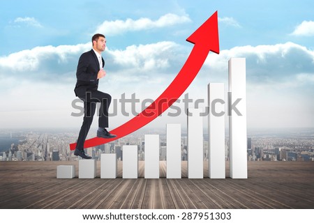 Businessman walking with his leg up against city on the horizon