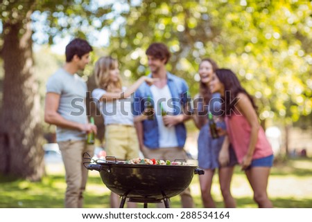 Happy friends in the park having barbecue on a sunny day