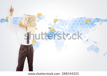 Anonymous businessman with arms out against world map