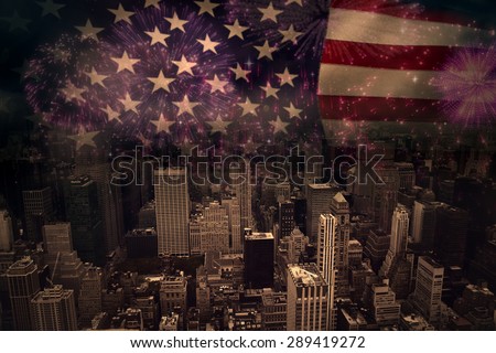 Colourful fireworks exploding on black background against united states of america flag