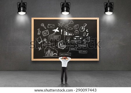 Businessman standing back to the camera with hands on head against blackboard with copy space
