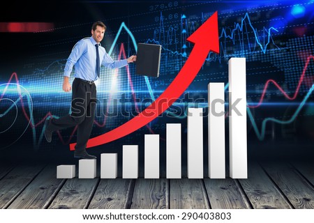 Walking and smiling businessman with suitcase against stocks and shares over wood