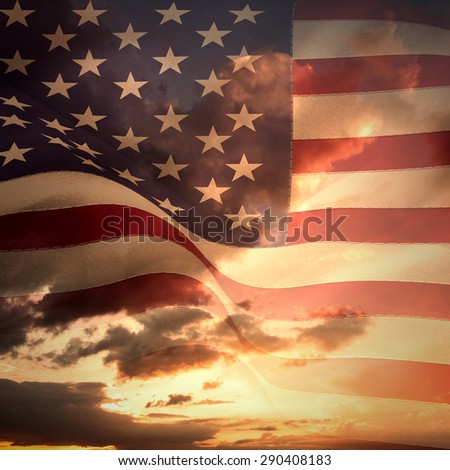 Digitally generated united states national flag against blue and orange sky with clouds
