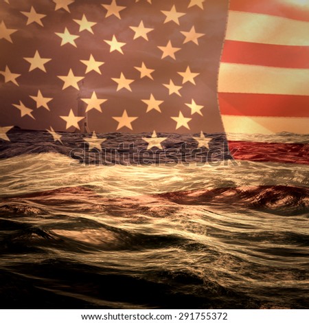 United states of america flag against stormy sea with lighthouse