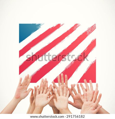 People raising hands in the air against white background with vignette