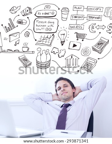 Brainstorm graphic against relaxed businessman with hands behind head in office
