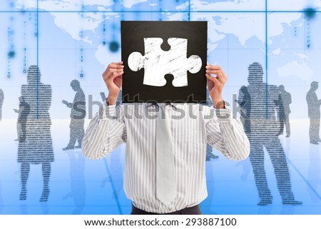 Businessman showing board against black silhouettes in blue room