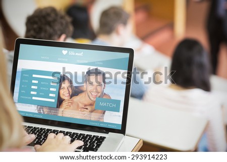 Dating website against female using laptop with students and teacher at lecture hall