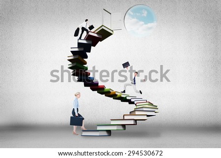 Side view of walking tradesman with jacket and suitcase against steps made out of books with open door