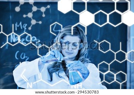 Science graphic against young blondhaired woman carrying out an experiment