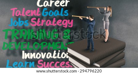 Businesswoman looking through a telescope against buzz words in room