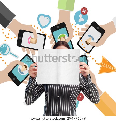 Businesswoman showing a white card in front of her face against hands holding phones