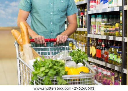 Man buy products with his trolley at supermarket