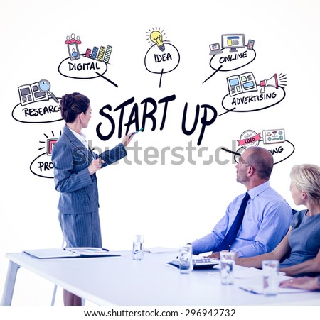 Business people looking at meeting board during conference against start up doodle