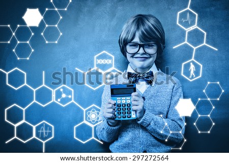 Science graphic against portrait of cute little boy holding calculator