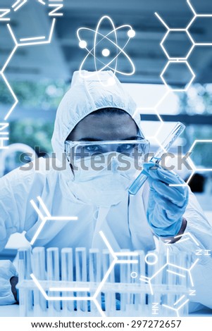 Science graphic against portrait of a protected female scientist holding a test tube